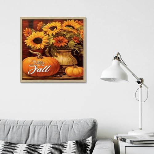 Hello Fall Rustic Framed Wall Art 12x12in Wood Sign with Sayings