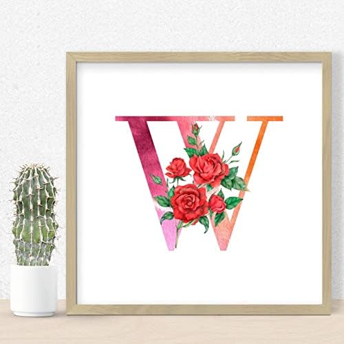 Red Monogram Initial Letter W Framed Wall Art Sign 12x12in