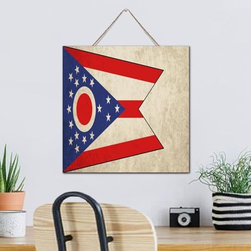 Ohio State Flag Art Decor Distressed Wood Plank Hanging Sign
