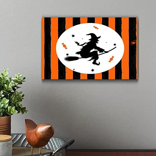 Happy Halloween Wood Plaque with Orange Black Pumpkins and Cat Witch
