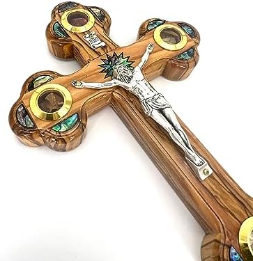 9 Inch Handmade Olive Wood Wall Cross with Relics