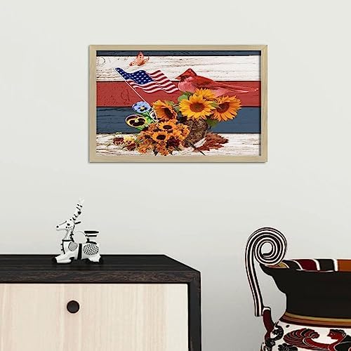 4th of July Patriotic Sunflower Cardinal Framed Wooden Sign 8x12in