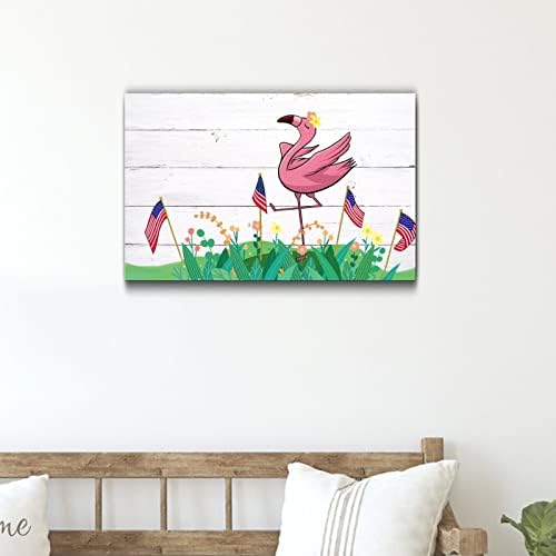 Pink Flamingo Fourth of July Wooden Decor 12x16in