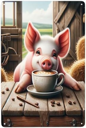 Farmhouse Pig Coffee Time Tin Sign Wall Art Decor