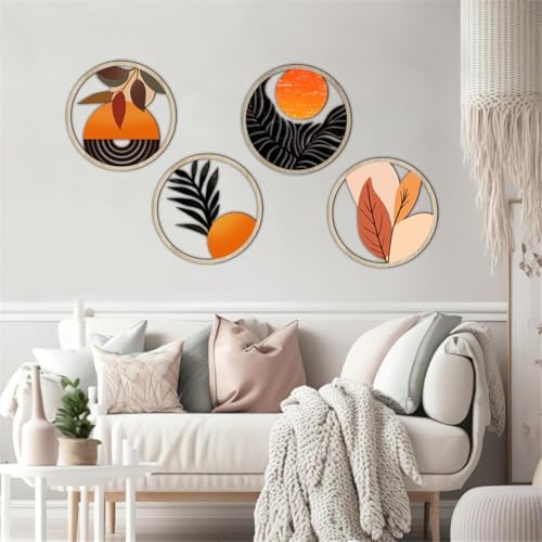 Boho Wall Art Decor 4PCS Round Wooden Sculptures Orange