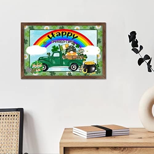 Rustic Wood Framed St Patricks Day Sign with Green Shamrock Gnomes