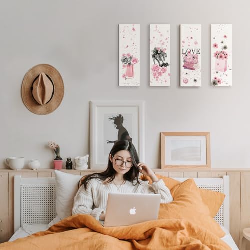 Nbeads 4 Pcs Pink Black Flower Wooden Wall Sign