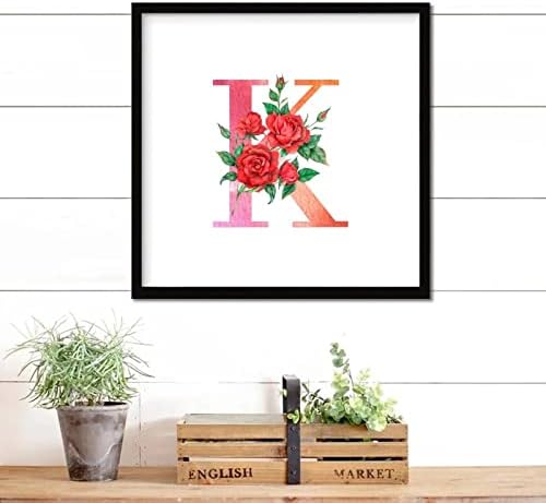 Red Floral Monogram Letter K Framed Wood Sign 12x12 Inch 1