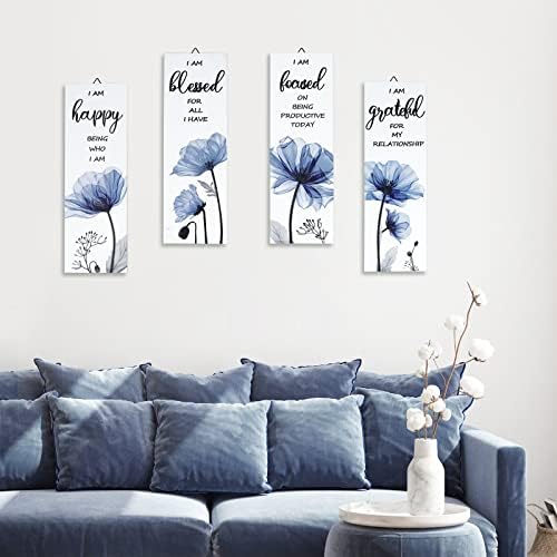 Decalmile 4 Piece Blue Flower Wooden Wall Sign Set