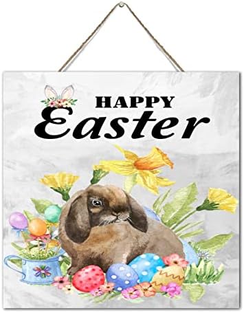 Autravelco Rustic Wood Easter Bunny Sign 12x12 Inch