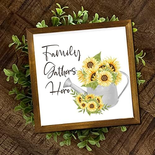 Family Gathers Here Framed Wood Sign 12x12 Inch 1