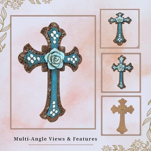BestGiftEver Decorative Blue Wall Cross with Floral Center