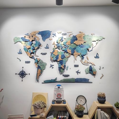 3D Wooden World Map Wall Art Decor Green XL