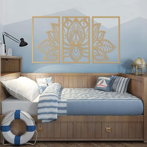 ESTART 3 Pcs Lotus Flower Metal Wall Art Decor Gold