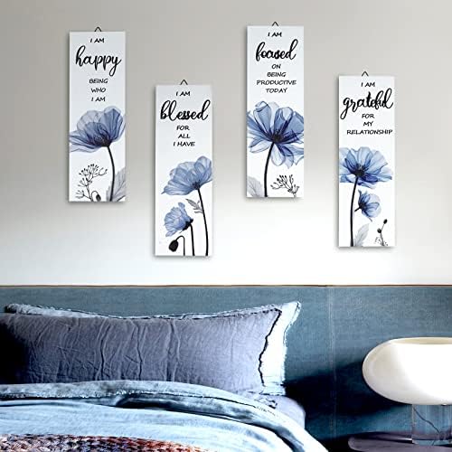 Decalmile 4 Piece Blue Flower Wooden Wall Sign Set