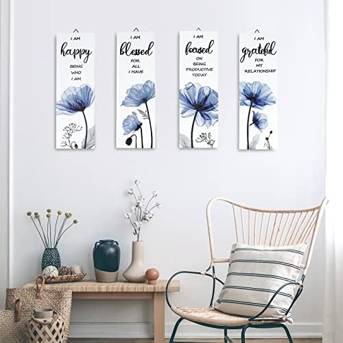 Decalmile 4 Piece Blue Flower Wooden Wall Sign Set