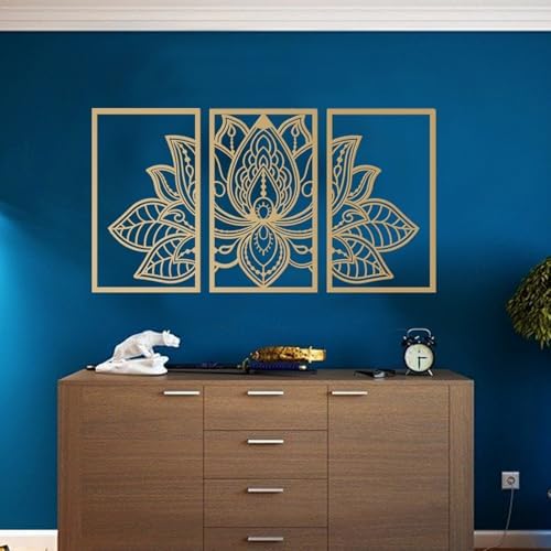 ESTART 3 Pcs Lotus Flower Metal Wall Art Decor Gold
