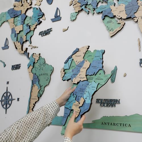 3D Wooden World Map Wall Art Decor Green XL