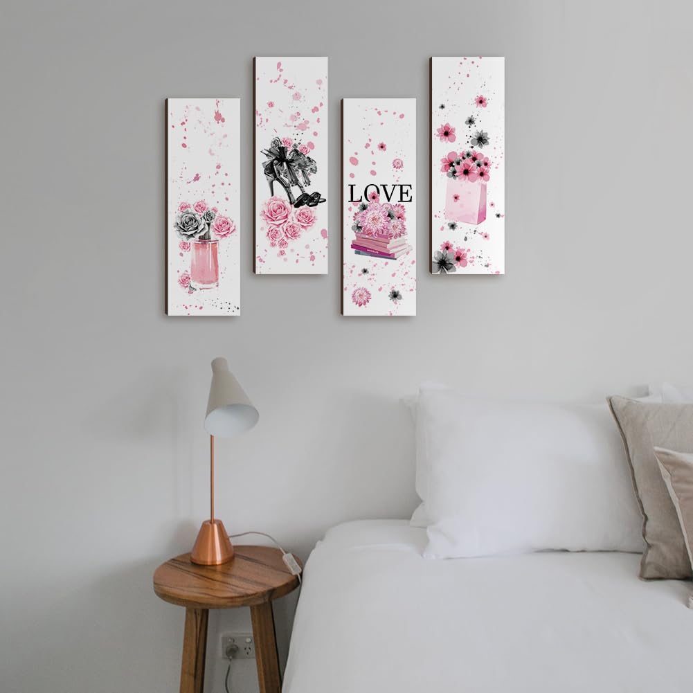 Nbeads 4 Pcs Pink Black Flower Wooden Wall Sign