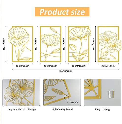 ESTART 4 Piece Gold Metal Lotus Wall Decor