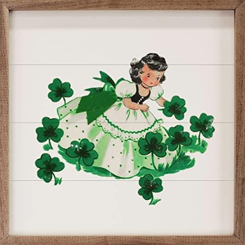 Girl Picking Shamrocks St Patricks Day Wooden Wall Sign Decor