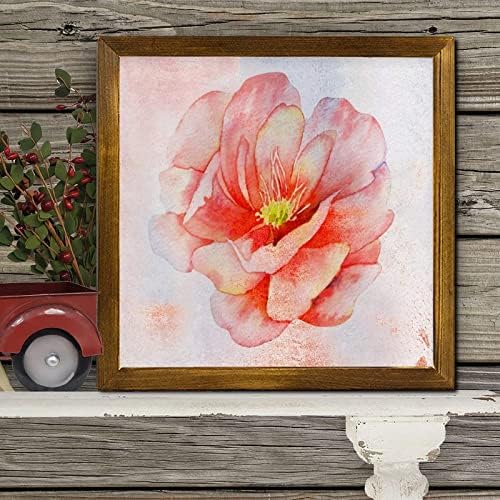 Retro Orange Hibiscus Flower Framed Wooden Sign 12x12 inch