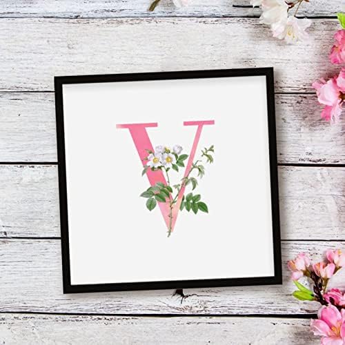White Flower Pink Letter V Black Framed Wood Wall Sign