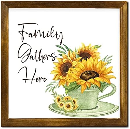 Family Gathers Here Framed Wooden Sign 12x12 Inch