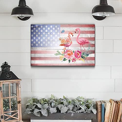 Wooden Fourth of July Flag Flamingo Wall Decor Sign