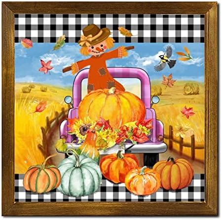 Thanksgiving Scarecrow Plaid Truck Framed Wood Sign
