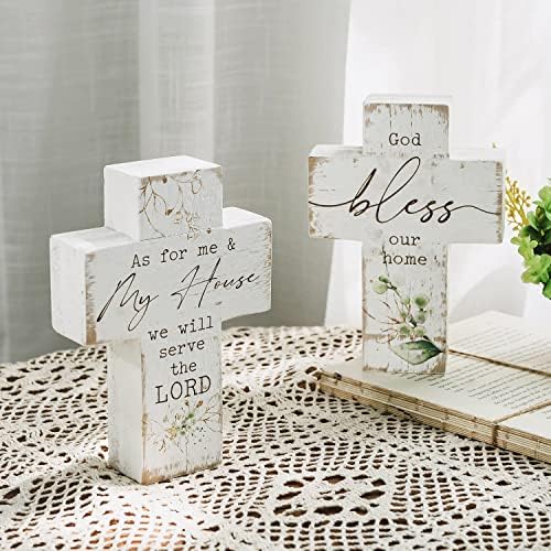 Wooden Wall Cross Set of 2 Distressed Whitewashed Christian Decor