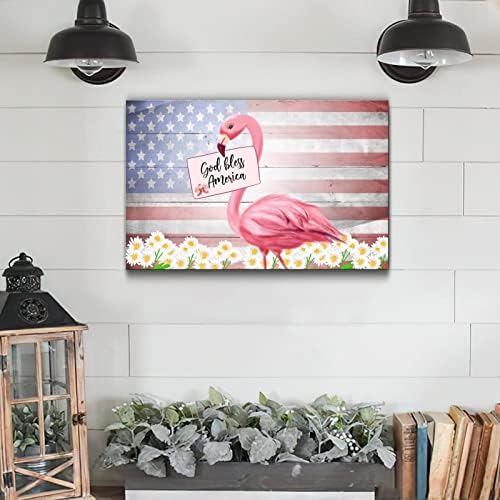 Patriotic Wooden Plaque with America Flag and Pink Flamingo Design