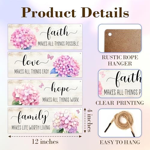 4 Pcs Family Wall Decor Wooden Signs with Hemp Rope