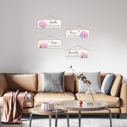 4 Pcs Family Wall Decor Wooden Signs with Hemp Rope