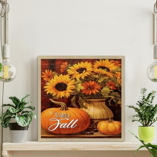 Hello Fall Rustic Framed Wall Art 12x12in Wood Sign with Sayings