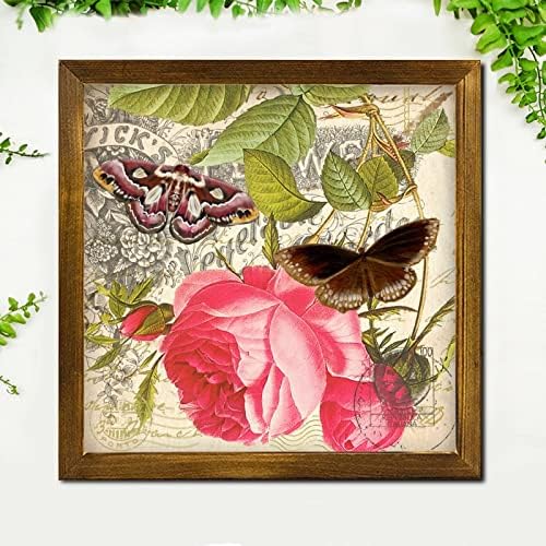 French Brown Butterfly Rose Wooden Framed Wall Sign 12x12 Inch