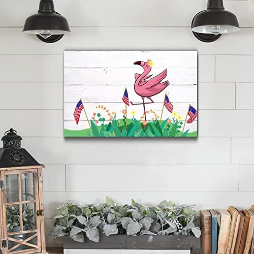 Pink Flamingo Fourth of July Wooden Decor 12x16in
