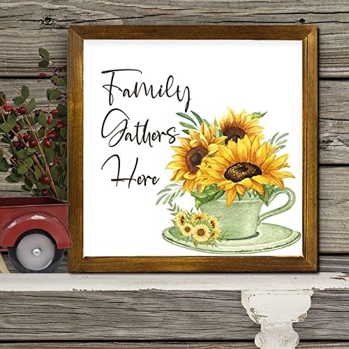 Family Gathers Here Framed Wooden Sign 12x12 Inch