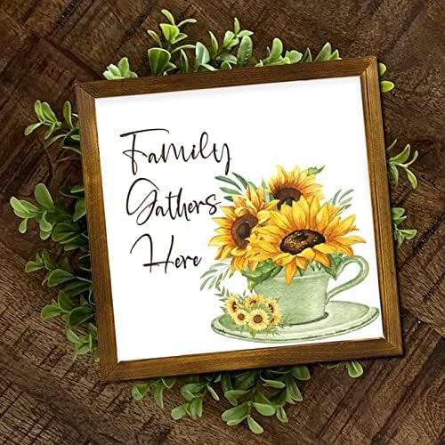 Family Gathers Here Framed Wooden Sign 12x12 Inch