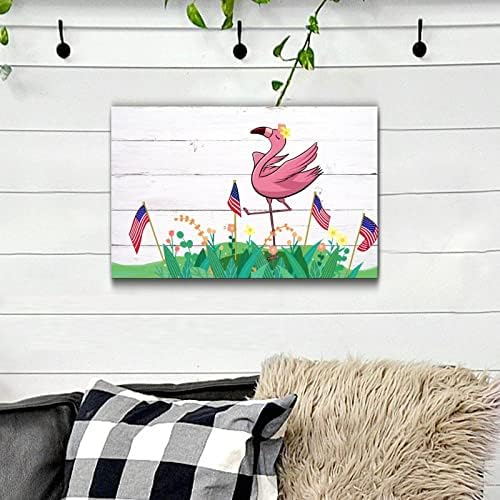 Pink Flamingo Fourth of July Wooden Decor 12x16in