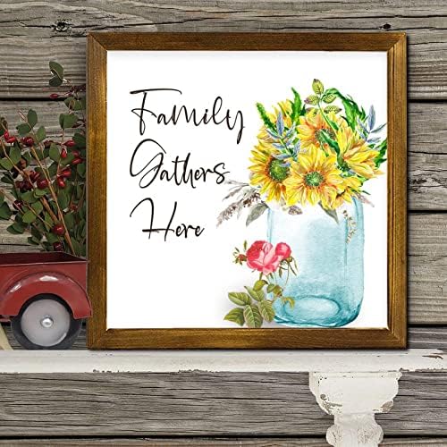 Family Gathers Here Wood Framed Spring Sunflower Wall Decor