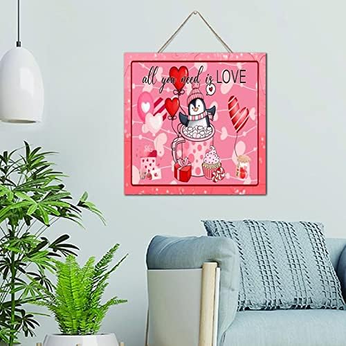 Autravelco Cute Penguin Valentines Day Wooden Sign