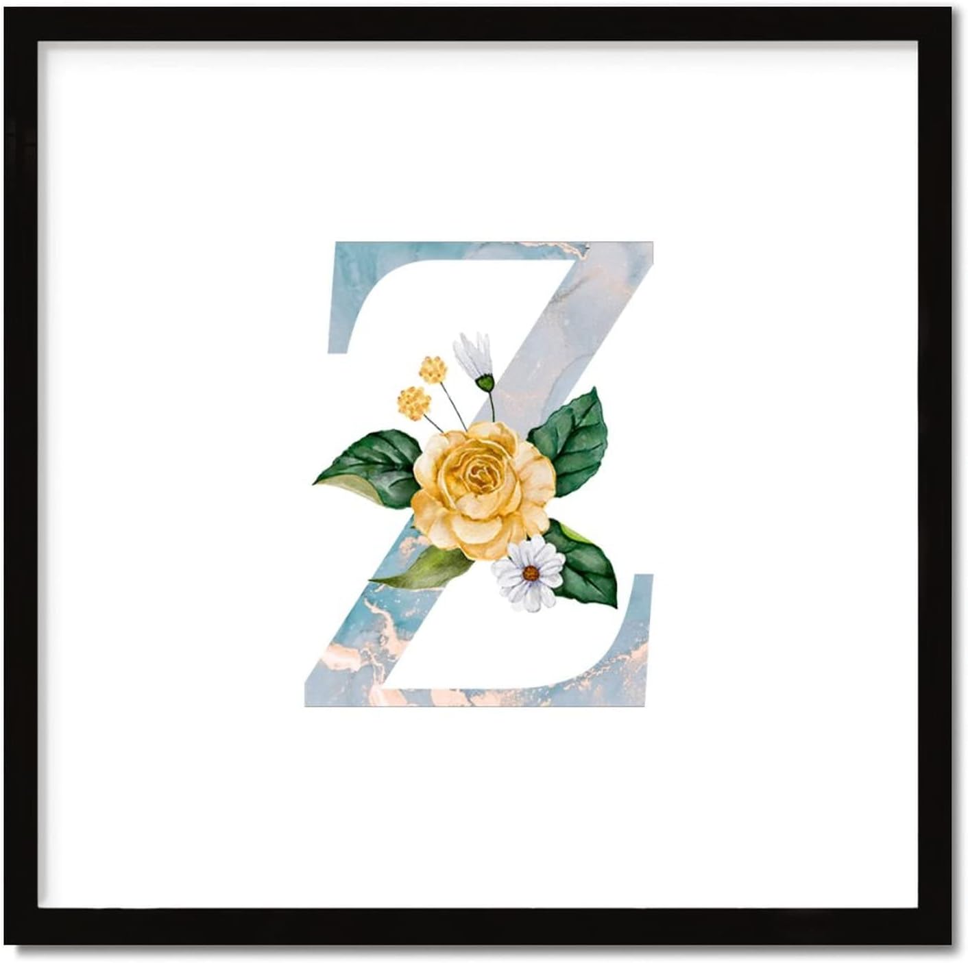 Marble Yellow Floral Monogram Initial Letter Z Framed Wood Sign 12x12 Inch