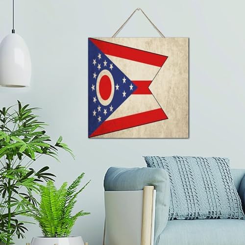 Ohio State Flag Art Decor Distressed Wood Plank Hanging Sign