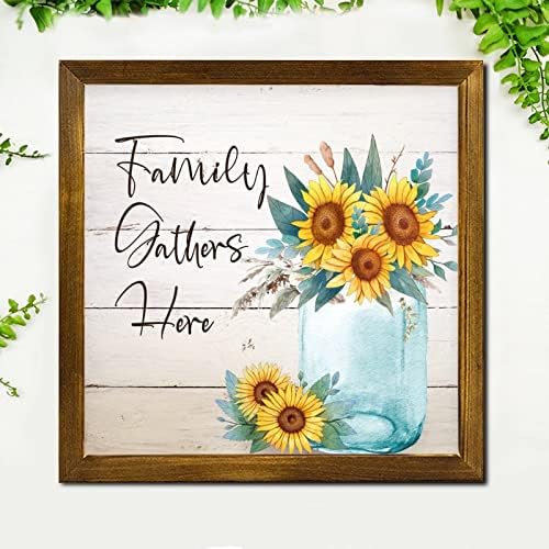 Family Gathers Here 12x12 Inch Farmhouse Wooden Wall Sign