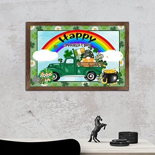 Rustic Wood Framed St Patricks Day Sign with Green Shamrock Gnomes