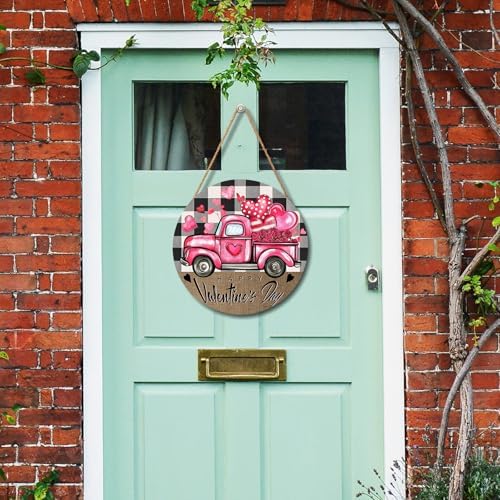 Valentines Day Door Sign with Pink Truck Hearts 12x12 Wood Hanger