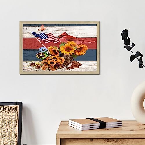 4th of July Patriotic Sunflower Cardinal Framed Wooden Sign 8x12in
