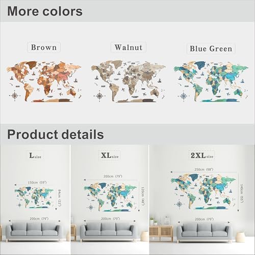 3D Wooden World Map Wall Art Decor Green XL