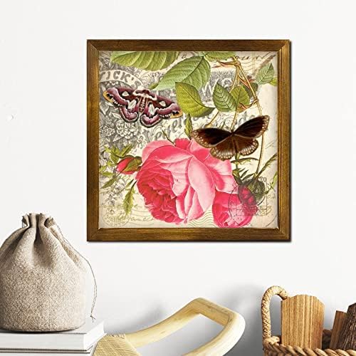 French Brown Butterfly Rose Wooden Framed Wall Sign 12x12 Inch